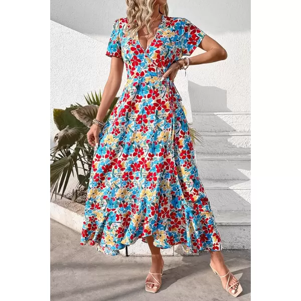imagePRETTYGARDEN Womens Summer Wrap Maxi Dress Casual Boho Floral V Neck Short Sleeve Ruffle Hem Split Beach Long DressesRed Blue Floral