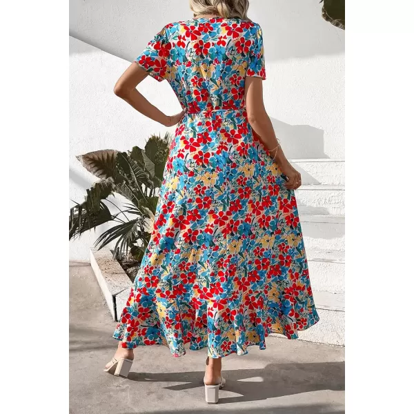 imagePRETTYGARDEN Womens Summer Wrap Maxi Dress Casual Boho Floral V Neck Short Sleeve Ruffle Hem Split Beach Long DressesRed Blue Floral