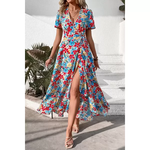 imagePRETTYGARDEN Womens Summer Wrap Maxi Dress Casual Boho Floral V Neck Short Sleeve Ruffle Hem Split Beach Long DressesRed Blue Floral