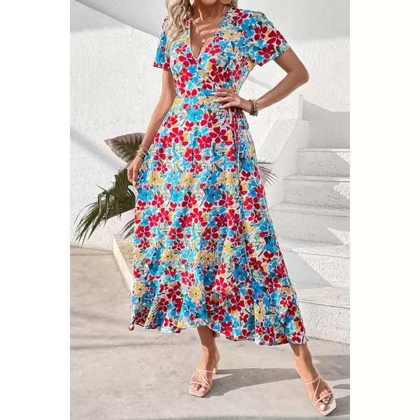imagePRETTYGARDEN Womens Summer Wrap Maxi Dress Casual Boho Floral V Neck Short Sleeve Ruffle Hem Split Beach Long DressesRed Blue Floral
