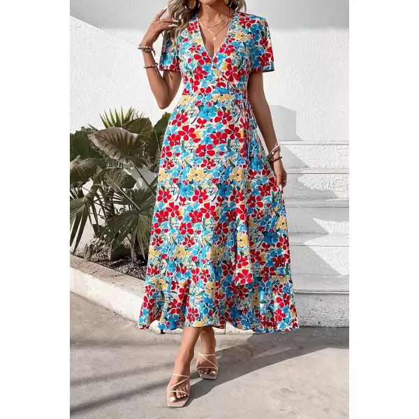 imagePRETTYGARDEN Womens Summer Wrap Maxi Dress Casual Boho Floral V Neck Short Sleeve Ruffle Hem Split Beach Long DressesRed Blue Floral