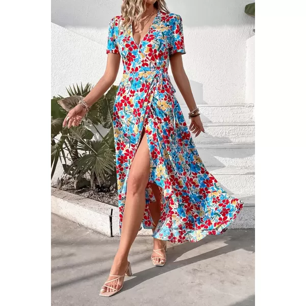 imagePRETTYGARDEN Womens Summer Wrap Maxi Dress Casual Boho Floral V Neck Short Sleeve Ruffle Hem Split Beach Long DressesRed Blue Floral