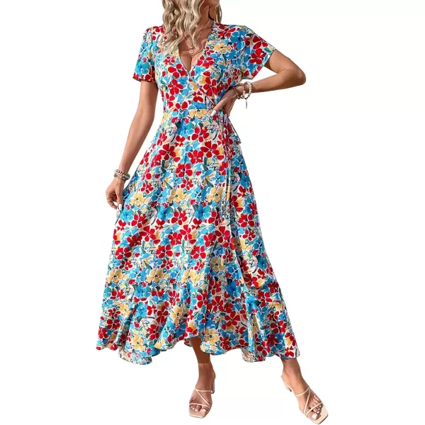 imagePRETTYGARDEN Womens Summer Wrap Maxi Dress Casual Boho Floral V Neck Short Sleeve Ruffle Hem Split Beach Long DressesRed Blue Floral