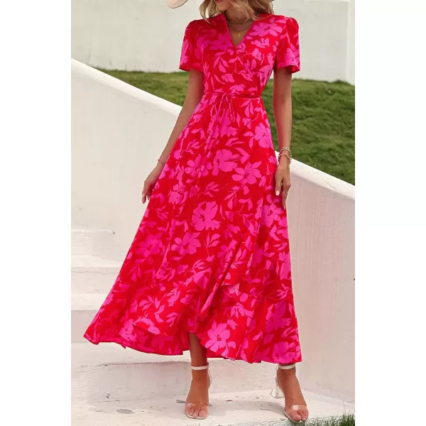 imagePRETTYGARDEN Womens Summer Wrap Maxi Dress Casual Boho Floral V Neck Short Sleeve Ruffle Hem Split Beach Long DressesRed Floral