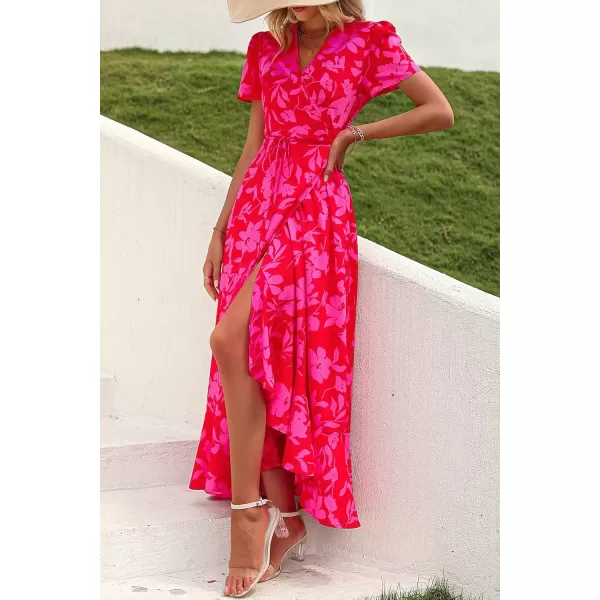 imagePRETTYGARDEN Womens Summer Wrap Maxi Dress Casual Boho Floral V Neck Short Sleeve Ruffle Hem Split Beach Long DressesRed Floral