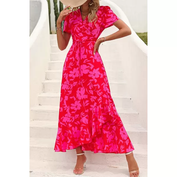 imagePRETTYGARDEN Womens Summer Wrap Maxi Dress Casual Boho Floral V Neck Short Sleeve Ruffle Hem Split Beach Long DressesRed Floral