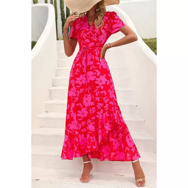 imagePRETTYGARDEN Womens Summer Wrap Maxi Dress Casual Boho Floral V Neck Short Sleeve Ruffle Hem Split Beach Long DressesRed Floral
