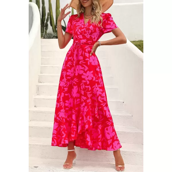 imagePRETTYGARDEN Womens Summer Wrap Maxi Dress Casual Boho Floral V Neck Short Sleeve Ruffle Hem Split Beach Long DressesRed Floral