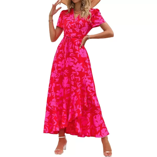 imagePRETTYGARDEN Womens Summer Wrap Maxi Dress Casual Boho Floral V Neck Short Sleeve Ruffle Hem Split Beach Long DressesRed Floral