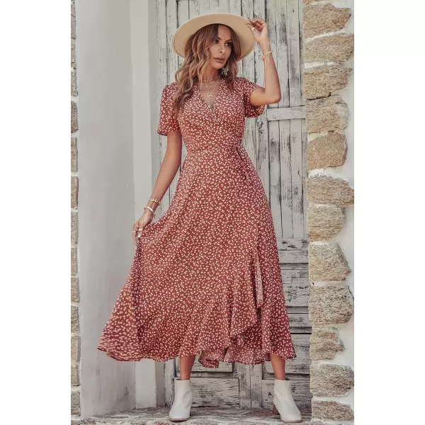 imagePRETTYGARDEN Womens Summer Wrap Maxi Dress Casual Boho Floral V Neck Short Sleeve Ruffle Hem Split Beach Long DressesRed White Floral