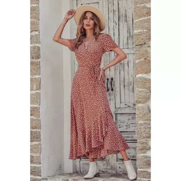 imagePRETTYGARDEN Womens Summer Wrap Maxi Dress Casual Boho Floral V Neck Short Sleeve Ruffle Hem Split Beach Long DressesRed White Floral