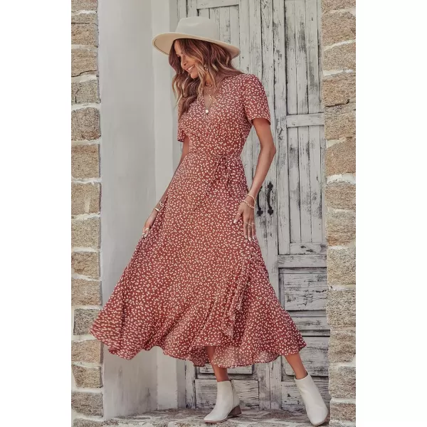 imagePRETTYGARDEN Womens Summer Wrap Maxi Dress Casual Boho Floral V Neck Short Sleeve Ruffle Hem Split Beach Long DressesRed White Floral