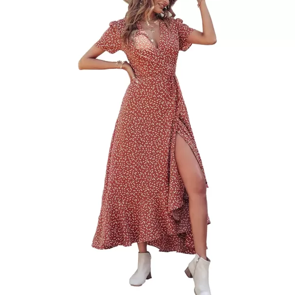 imagePRETTYGARDEN Womens Summer Wrap Maxi Dress Casual Boho Floral V Neck Short Sleeve Ruffle Hem Split Beach Long DressesRed White Floral