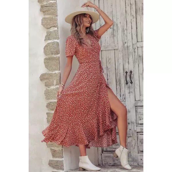 imagePRETTYGARDEN Womens Summer Wrap Maxi Dress Casual Boho Floral V Neck Short Sleeve Ruffle Hem Split Beach Long DressesRed White Floral