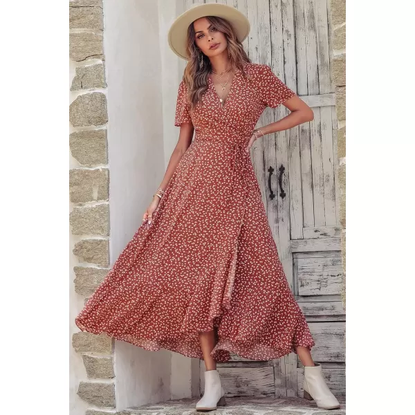 imagePRETTYGARDEN Womens Summer Wrap Maxi Dress Casual Boho Floral V Neck Short Sleeve Ruffle Hem Split Beach Long DressesRed White Floral