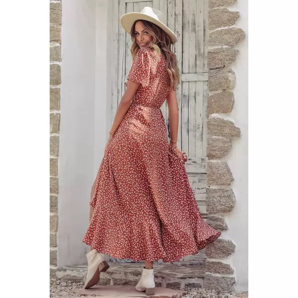imagePRETTYGARDEN Womens Summer Wrap Maxi Dress Casual Boho Floral V Neck Short Sleeve Ruffle Hem Split Beach Long DressesRed White Floral