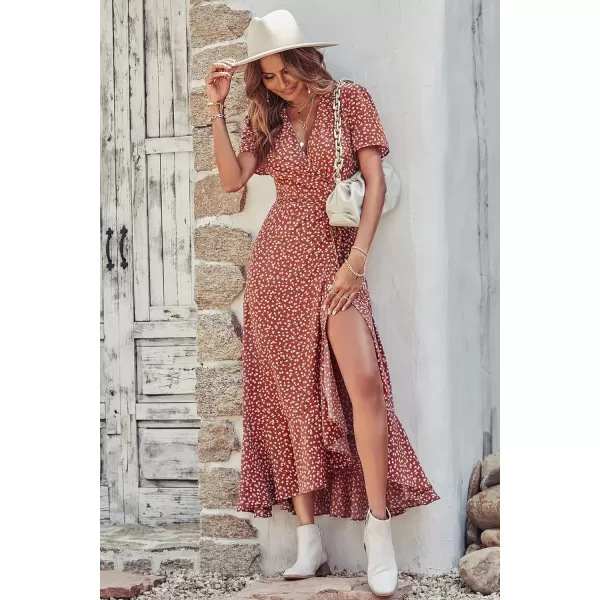 imagePRETTYGARDEN Womens Summer Wrap Maxi Dress Casual Boho Floral V Neck Short Sleeve Ruffle Hem Split Beach Long DressesRed White Floral