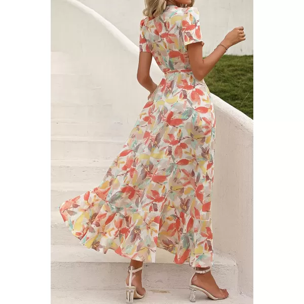 imagePRETTYGARDEN Womens Summer Wrap Maxi Dress Casual Boho Floral V Neck Short Sleeve Ruffle Hem Split Beach Long DressesWhite Floral