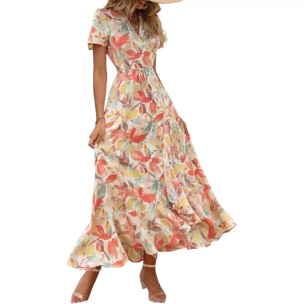 imagePRETTYGARDEN Womens Summer Wrap Maxi Dress Casual Boho Floral V Neck Short Sleeve Ruffle Hem Split Beach Long DressesWhite Floral
