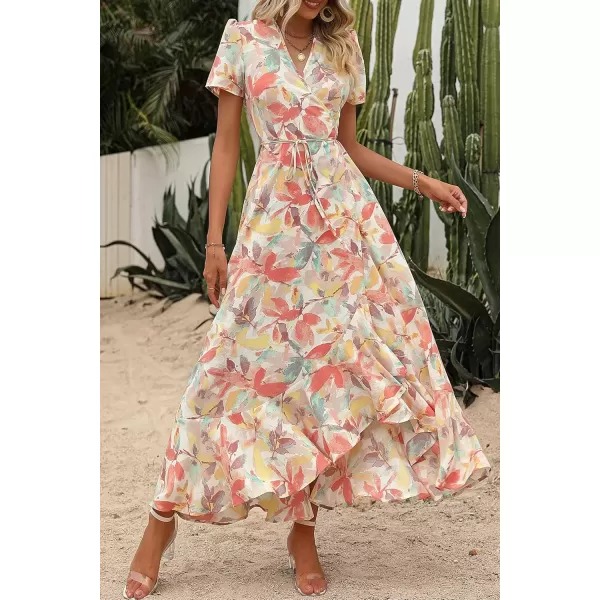 imagePRETTYGARDEN Womens Summer Wrap Maxi Dress Casual Boho Floral V Neck Short Sleeve Ruffle Hem Split Beach Long DressesWhite Floral
