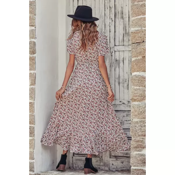 imagePRETTYGARDEN Womens Summer Wrap Maxi Dress Casual Boho Floral V Neck Short Sleeve Ruffle Hem Split Beach Long DressesWhite Red Floral