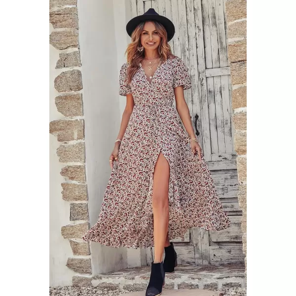imagePRETTYGARDEN Womens Summer Wrap Maxi Dress Casual Boho Floral V Neck Short Sleeve Ruffle Hem Split Beach Long DressesWhite Red Floral