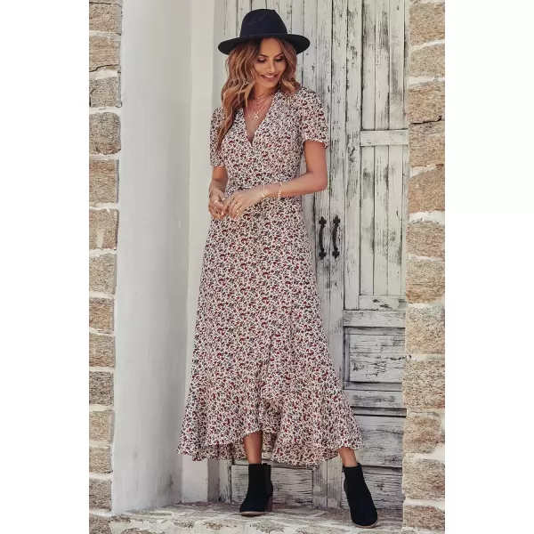 imagePRETTYGARDEN Womens Summer Wrap Maxi Dress Casual Boho Floral V Neck Short Sleeve Ruffle Hem Split Beach Long DressesWhite Red Floral