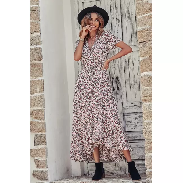 imagePRETTYGARDEN Womens Summer Wrap Maxi Dress Casual Boho Floral V Neck Short Sleeve Ruffle Hem Split Beach Long DressesWhite Red Floral