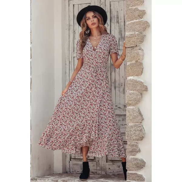 imagePRETTYGARDEN Womens Summer Wrap Maxi Dress Casual Boho Floral V Neck Short Sleeve Ruffle Hem Split Beach Long DressesWhite Red Floral