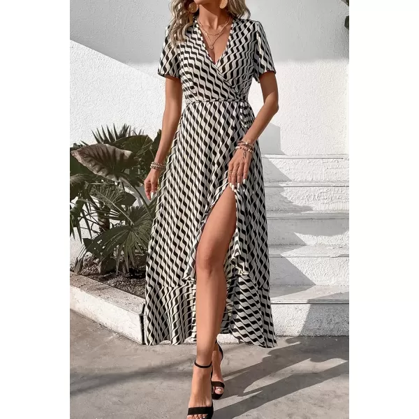 imagePRETTYGARDEN Womens Summer Wrap Maxi Dress Casual Boho Floral V Neck Short Sleeve Ruffle Hem Split Beach Long DressesWhite Wave