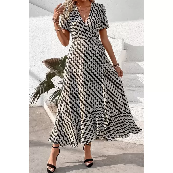 imagePRETTYGARDEN Womens Summer Wrap Maxi Dress Casual Boho Floral V Neck Short Sleeve Ruffle Hem Split Beach Long DressesWhite Wave