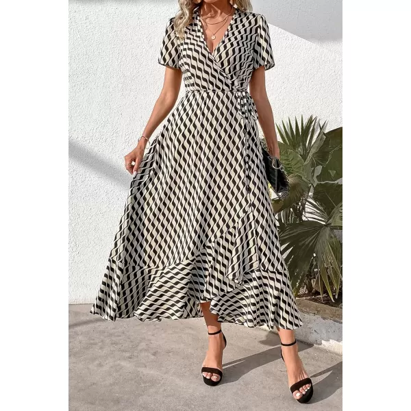 imagePRETTYGARDEN Womens Summer Wrap Maxi Dress Casual Boho Floral V Neck Short Sleeve Ruffle Hem Split Beach Long DressesWhite Wave