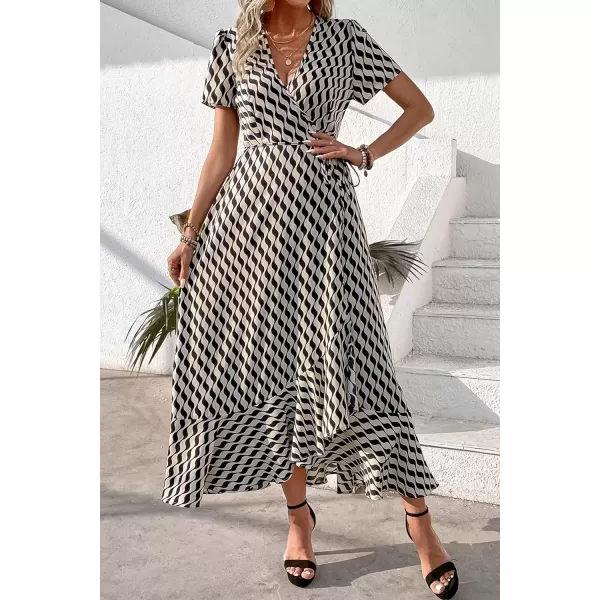 imagePRETTYGARDEN Womens Summer Wrap Maxi Dress Casual Boho Floral V Neck Short Sleeve Ruffle Hem Split Beach Long DressesWhite Wave