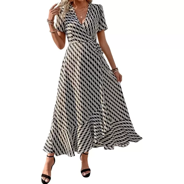 imagePRETTYGARDEN Womens Summer Wrap Maxi Dress Casual Boho Floral V Neck Short Sleeve Ruffle Hem Split Beach Long DressesWhite Wave