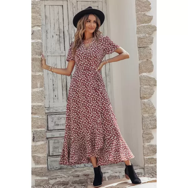 imagePRETTYGARDEN Womens Summer Wrap Maxi Dress Casual Boho Floral V Neck Short Sleeve Ruffle Hem Split Beach Long DressesWine Red Floral