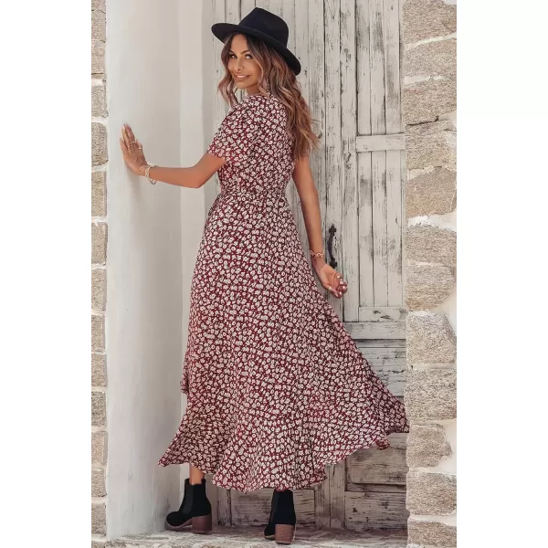 imagePRETTYGARDEN Womens Summer Wrap Maxi Dress Casual Boho Floral V Neck Short Sleeve Ruffle Hem Split Beach Long DressesWine Red Floral