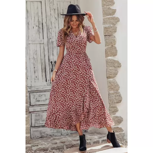 imagePRETTYGARDEN Womens Summer Wrap Maxi Dress Casual Boho Floral V Neck Short Sleeve Ruffle Hem Split Beach Long DressesWine Red Floral