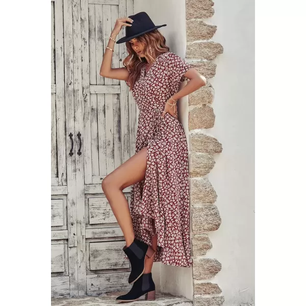 imagePRETTYGARDEN Womens Summer Wrap Maxi Dress Casual Boho Floral V Neck Short Sleeve Ruffle Hem Split Beach Long DressesWine Red Floral