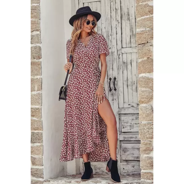 imagePRETTYGARDEN Womens Summer Wrap Maxi Dress Casual Boho Floral V Neck Short Sleeve Ruffle Hem Split Beach Long DressesWine Red Floral