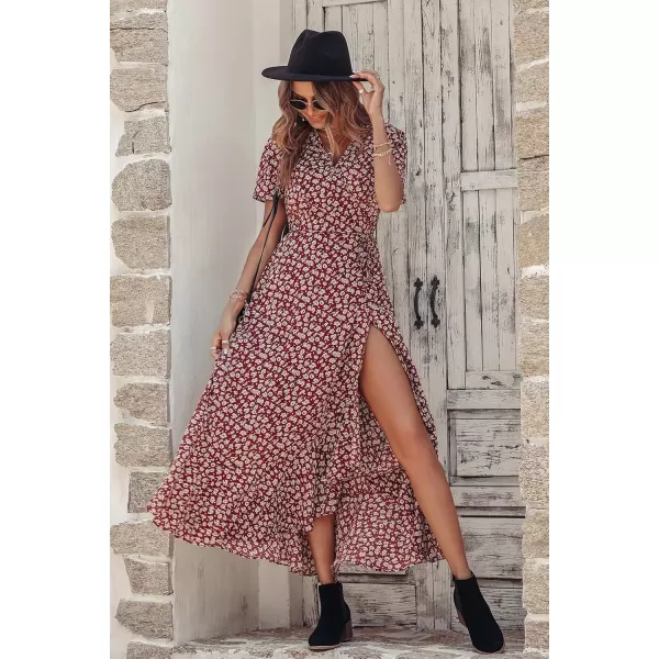 imagePRETTYGARDEN Womens Summer Wrap Maxi Dress Casual Boho Floral V Neck Short Sleeve Ruffle Hem Split Beach Long DressesWine Red Floral