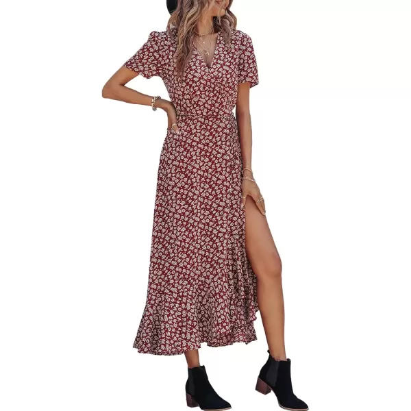 imagePRETTYGARDEN Womens Summer Wrap Maxi Dress Casual Boho Floral V Neck Short Sleeve Ruffle Hem Split Beach Long DressesWine Red Floral
