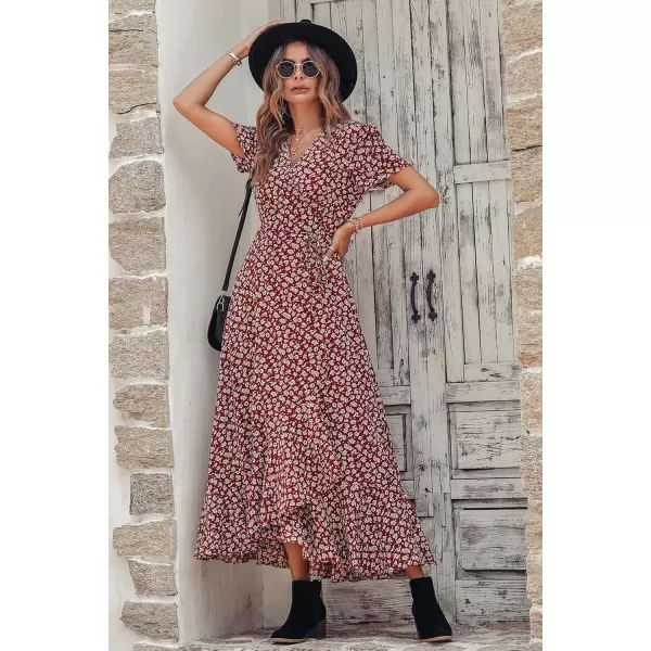 imagePRETTYGARDEN Womens Summer Wrap Maxi Dress Casual Boho Floral V Neck Short Sleeve Ruffle Hem Split Beach Long DressesWine Red Floral