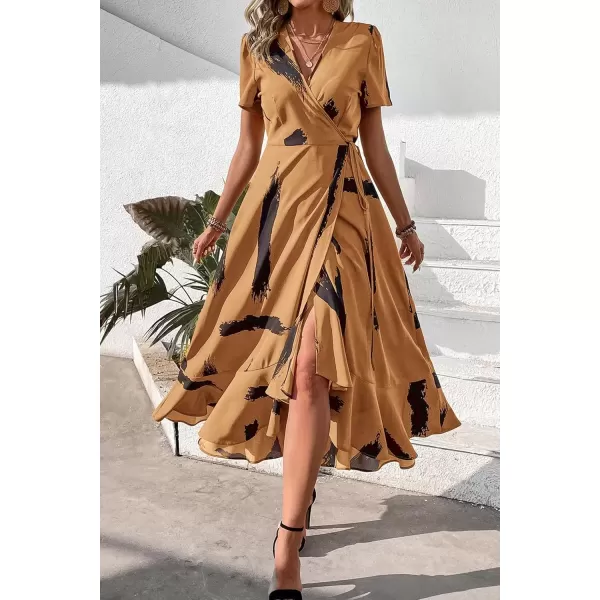imagePRETTYGARDEN Womens Summer Wrap Maxi Dress Casual Boho Floral V Neck Short Sleeve Ruffle Hem Split Beach Long DressesYellow Black Ink