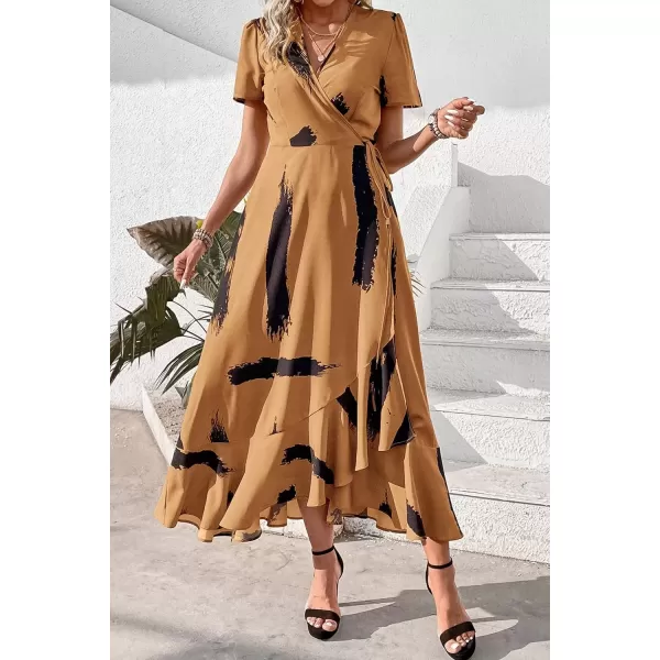imagePRETTYGARDEN Womens Summer Wrap Maxi Dress Casual Boho Floral V Neck Short Sleeve Ruffle Hem Split Beach Long DressesYellow Black Ink
