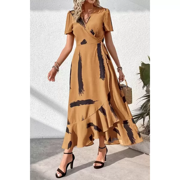 imagePRETTYGARDEN Womens Summer Wrap Maxi Dress Casual Boho Floral V Neck Short Sleeve Ruffle Hem Split Beach Long DressesYellow Black Ink