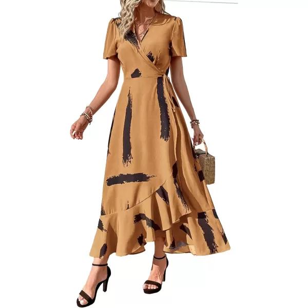 imagePRETTYGARDEN Womens Summer Wrap Maxi Dress Casual Boho Floral V Neck Short Sleeve Ruffle Hem Split Beach Long DressesYellow Black Ink