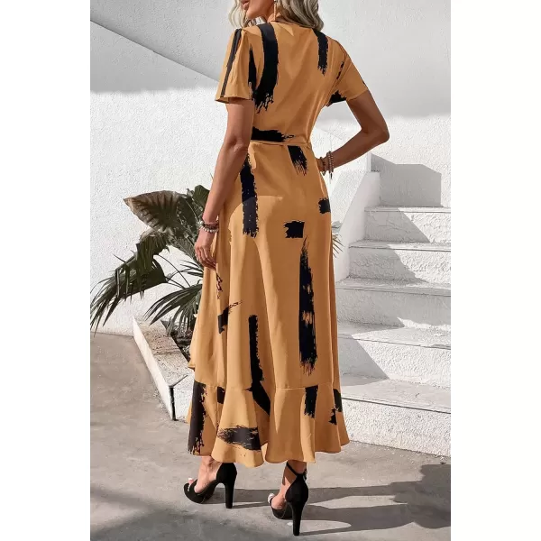 imagePRETTYGARDEN Womens Summer Wrap Maxi Dress Casual Boho Floral V Neck Short Sleeve Ruffle Hem Split Beach Long DressesYellow Black Ink