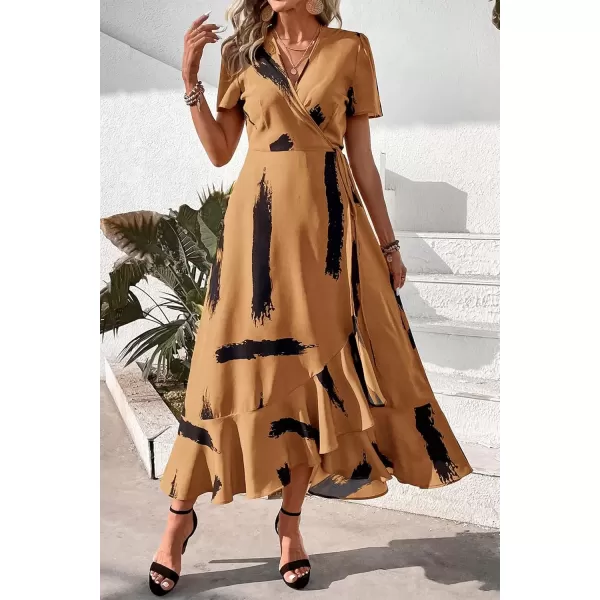 imagePRETTYGARDEN Womens Summer Wrap Maxi Dress Casual Boho Floral V Neck Short Sleeve Ruffle Hem Split Beach Long DressesYellow Black Ink