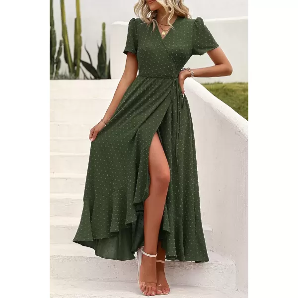 imagePRETTYGARDEN Womens Summer Wrap Maxi Dress Casual Boho Floral V Neck Short Sleeve Ruffle Hem Split Beach Long DressesZarmy Green