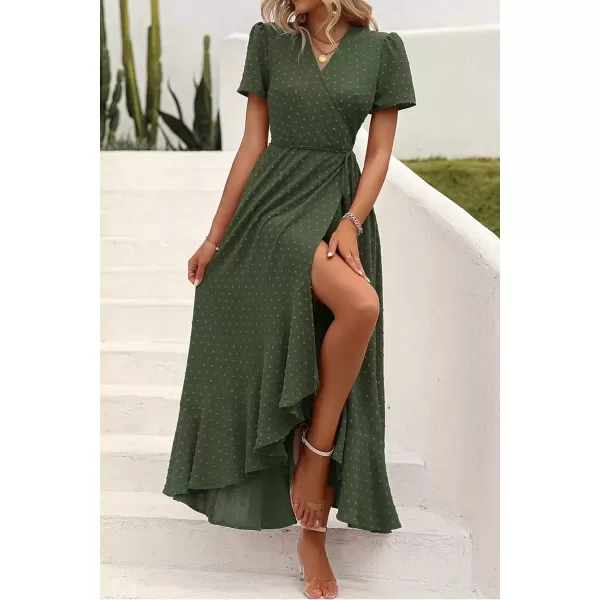 imagePRETTYGARDEN Womens Summer Wrap Maxi Dress Casual Boho Floral V Neck Short Sleeve Ruffle Hem Split Beach Long DressesZarmy Green